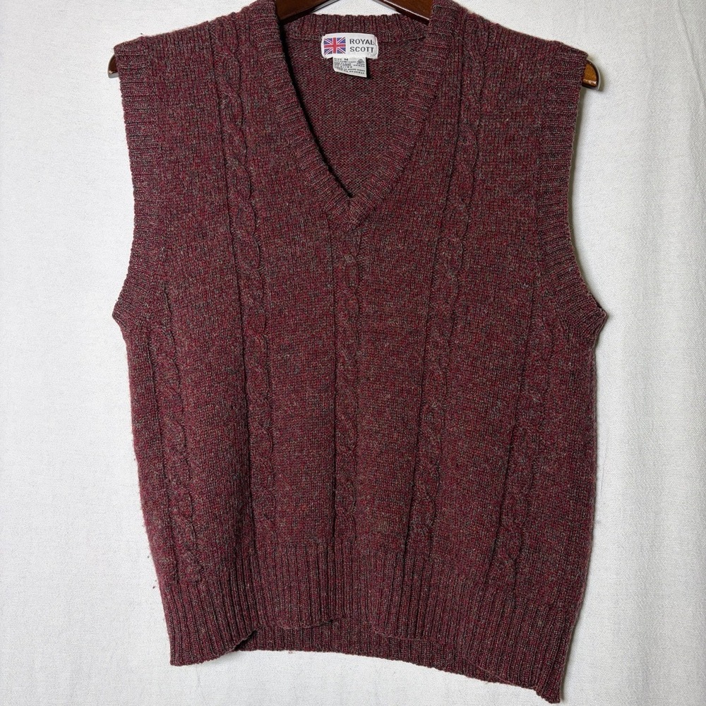 Royal Scott Mens Med‎ VTG Cableknit Sweater Vest Shetland Wool Sleeveless V-Neck